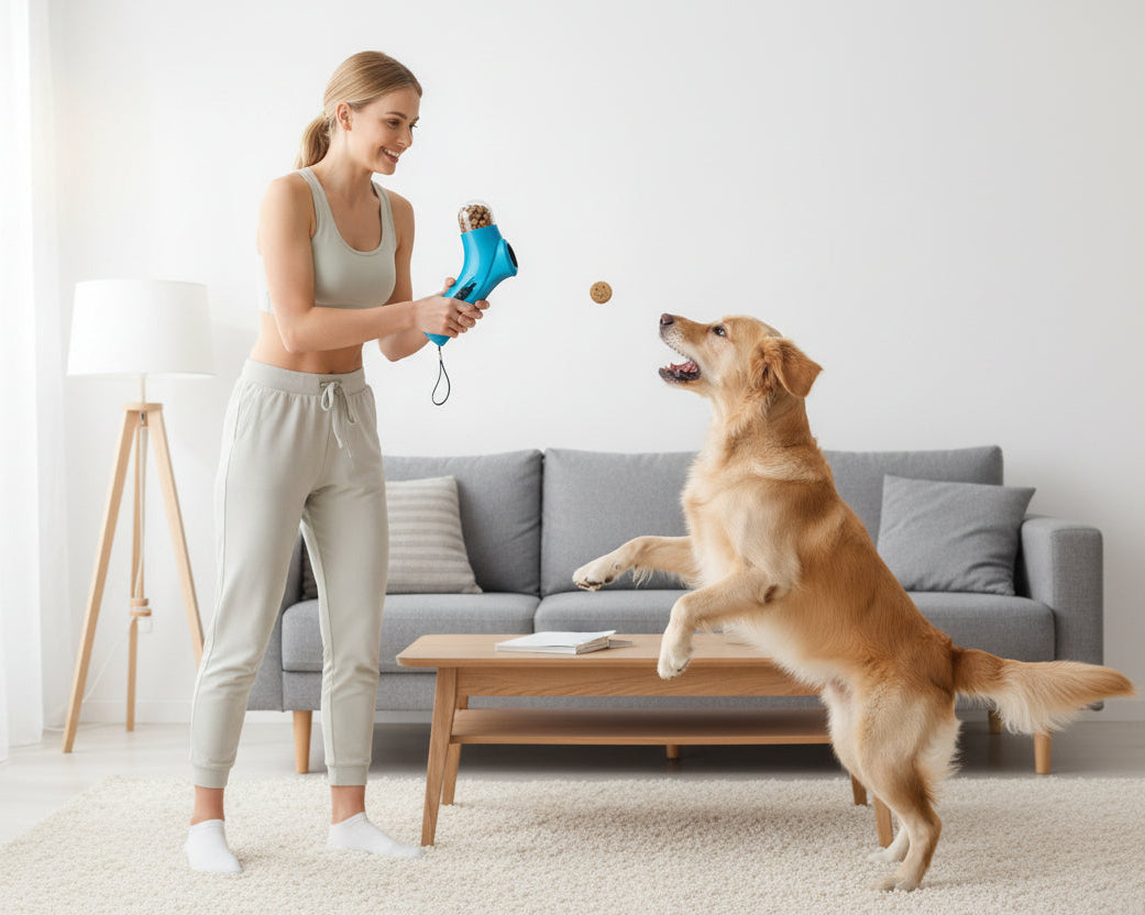 Lancia croccantini manuale per cani - dispenser per addestramento, gioco e ricompense